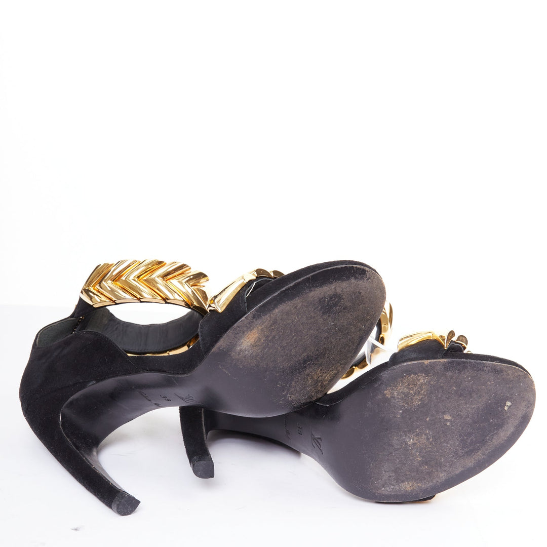 LOUIS VUITTON V Symphony black suede gold hardware high heel sandals EU38