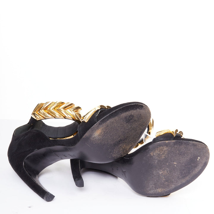 LOUIS VUITTON V Symphony black suede gold hardware high heel sandals EU38