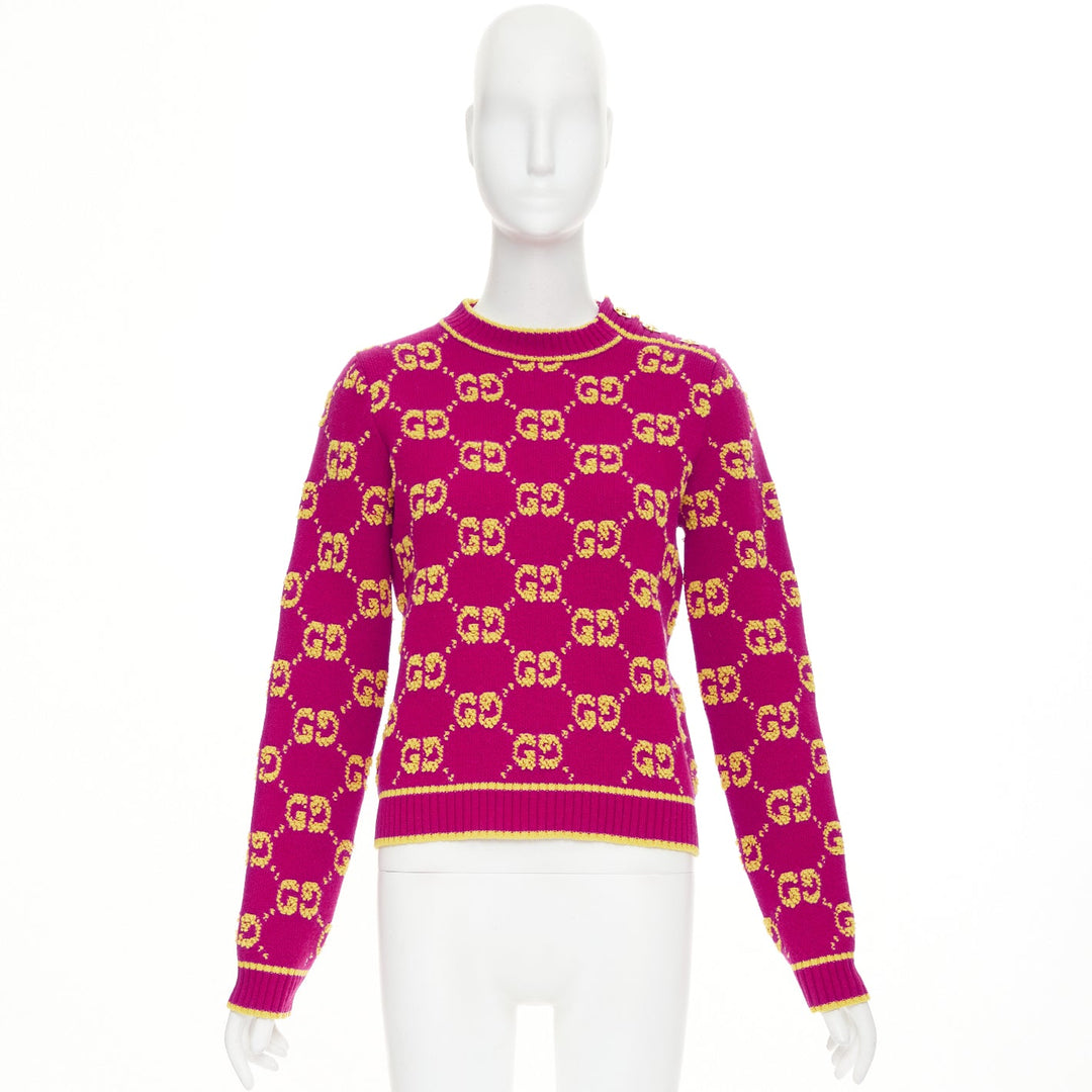 GUCCI 2022 magenta yellow wool GG monogram jacquard cropped sweater XS