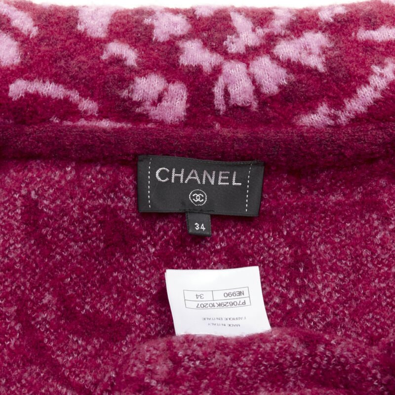 rare CHANEL red pink Camellia CC wool fluffy boucle trim cardigan jacket FR34 XS