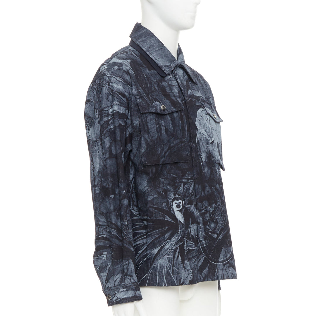 VALENTINO 2020 navy forest animal elephant monkey denim safari jacket IT48 M