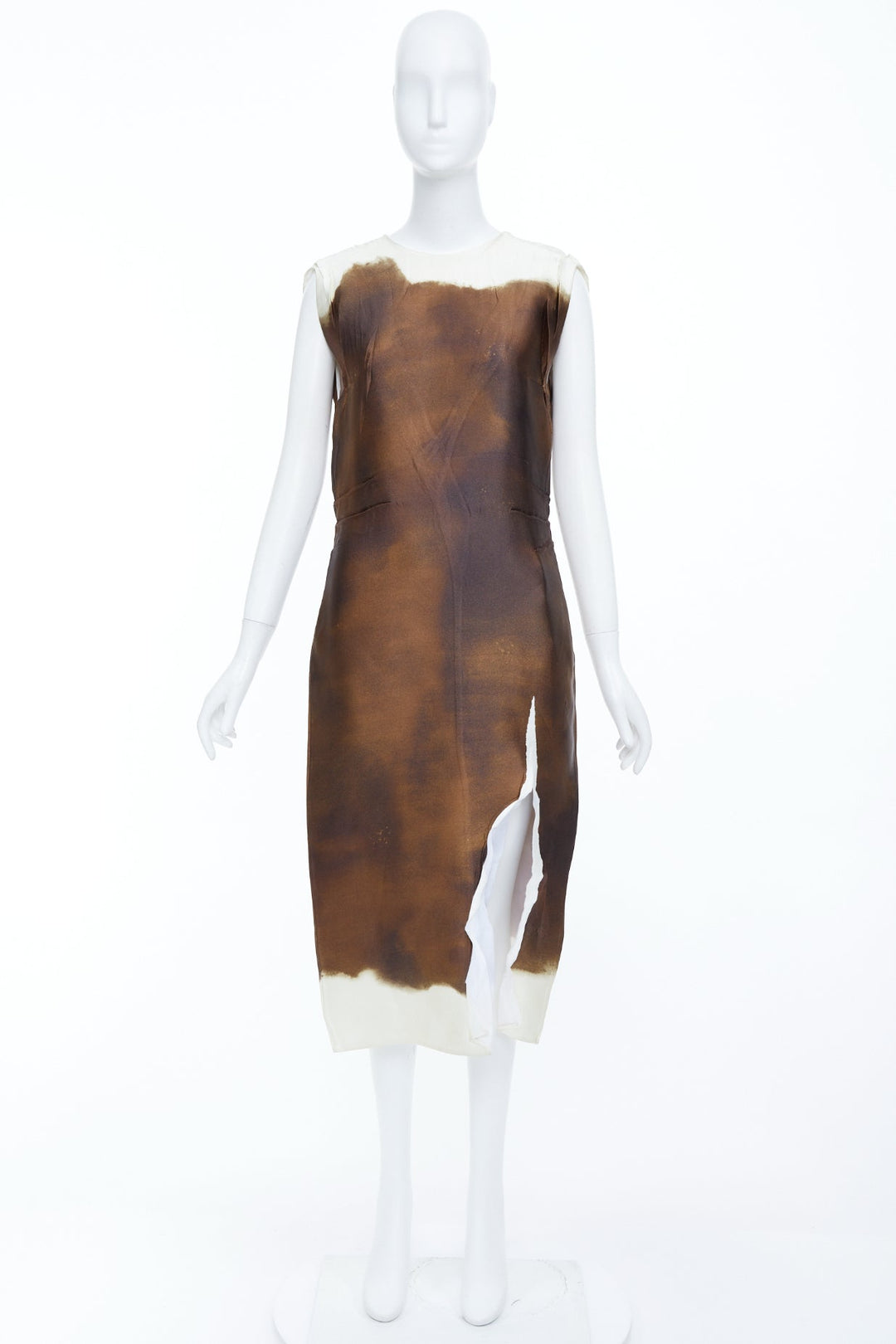 PRADA 2023 Runway brown watercolor print satin creased paper effect dress IT40 S