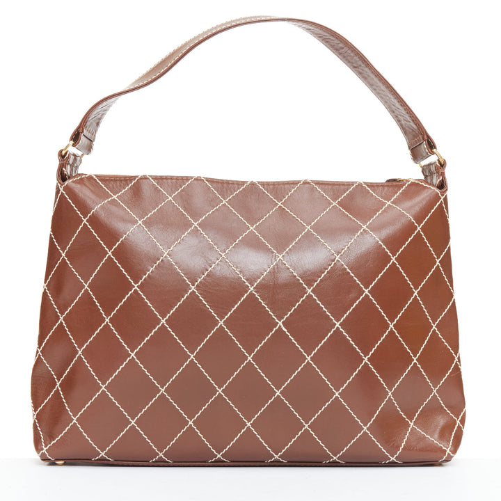 CHANEL Surpique Wild Stitch brown leather gold CC logo shoulder hobo bag