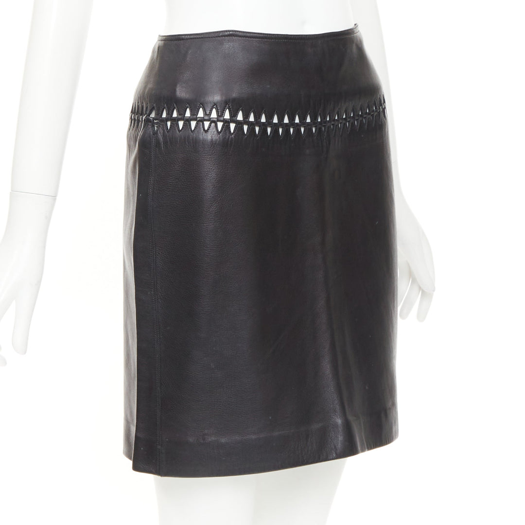 ALAIA black lambskin leather topstitched geometric cut out pencil skirt FR40 L