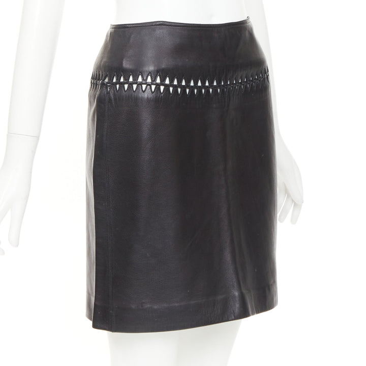 ALAIA black lambskin leather topstitched geometric cut out pencil skirt FR40 L