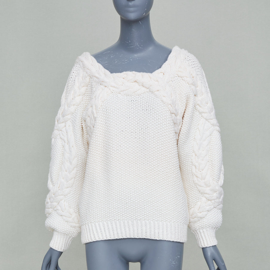 OSCAR DE LA RENTA R19 cream merino wool cable  low back sweater S
