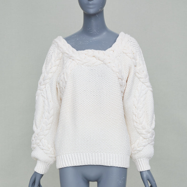 OSCAR DE LA RENTA R19 cream merino wool cable  low back sweater S