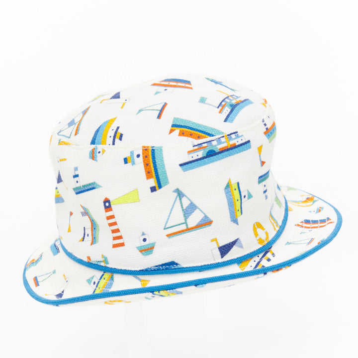 HERMES BABY 2022 boat print blue white cotton linen headwear baby hat 48cm