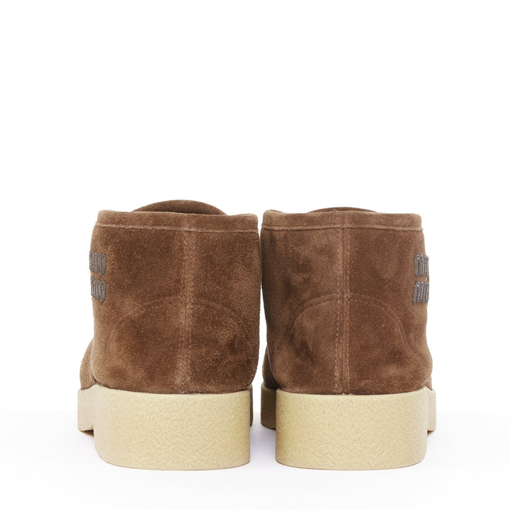 MIU MIU 2023 logo shearling lined brown suede comfort chukka ankle boots EU39