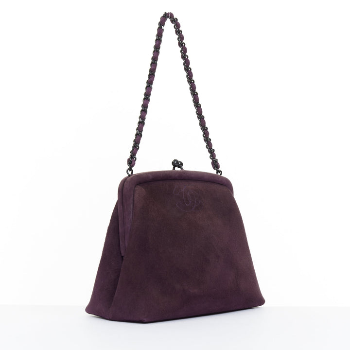 CHANEL 1998 Vintage kiss lock purple suede embroidered cc chain clutch bag