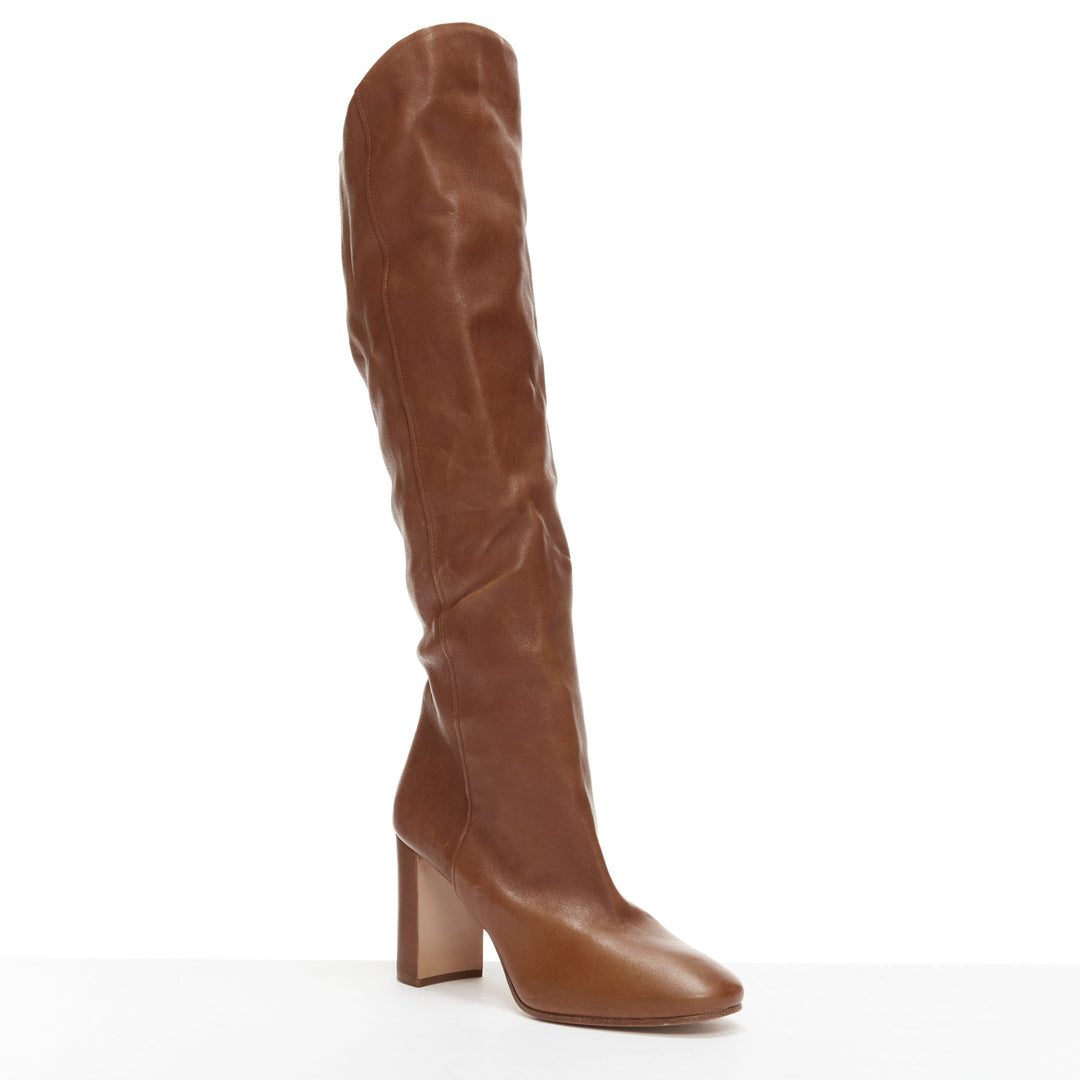 PRADA brown leather high low top almond toe block heel tall boots EU38