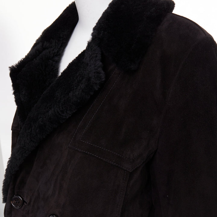 SAINT LAURENT 2022 black suede shearling lined double breasted coat EU44 XS