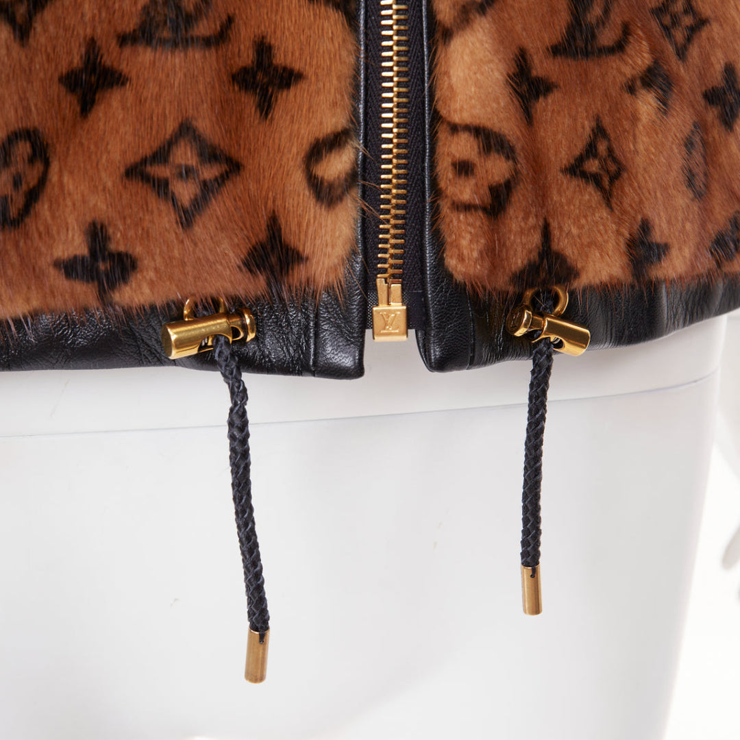 LOUIS VUITTON 2022 Monogram Mink Fur drawstring zip up hooded jacket FR34 XS