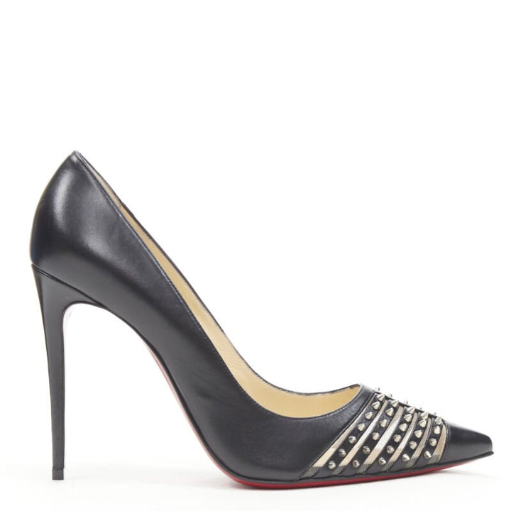 CHRISTIAN LOUBOUTIN Bereta 100 black spike stud mesh pointy pigalle EU38.5