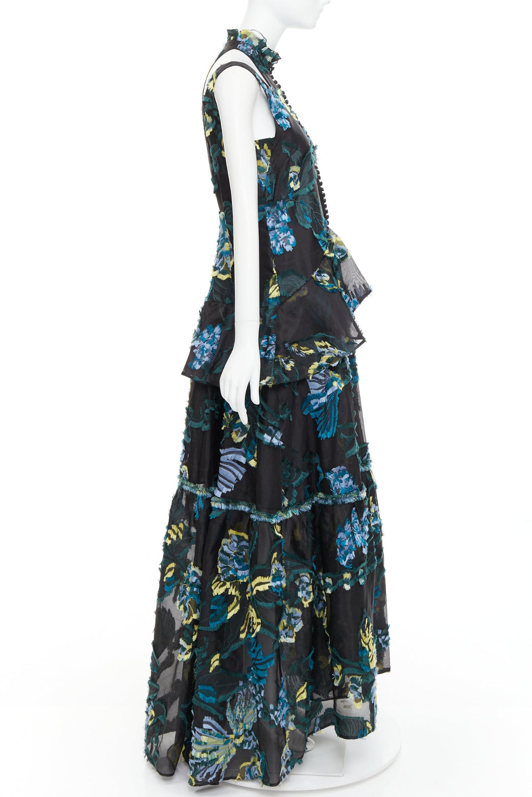 ERDEM 2015 Runway black green blue sheer jacquard cold shoulder gown