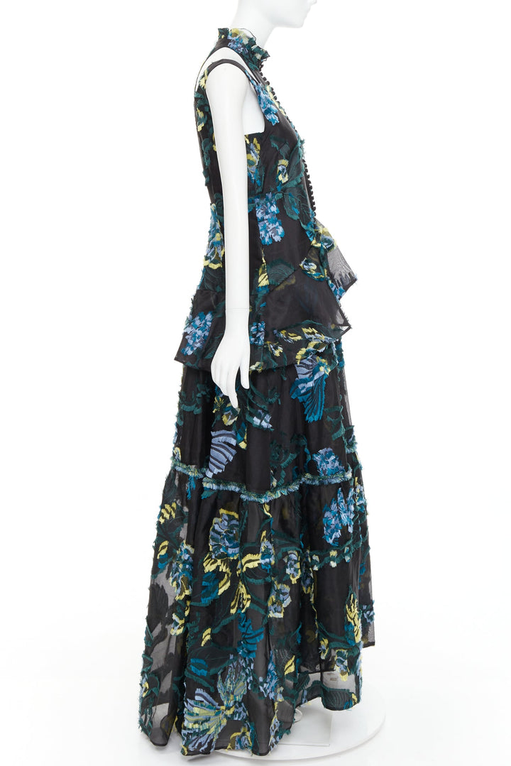 ERDEM 2015 Runway black green blue sheer jacquard cold shoulder gown