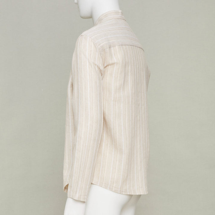ADAMO beige vertical stripe mandarin collar button up long sleeve shirt M