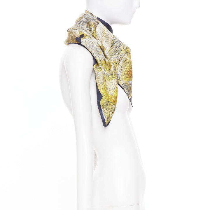 CHANEL navy gold graphic cc camellia logo print silk twill square scarf