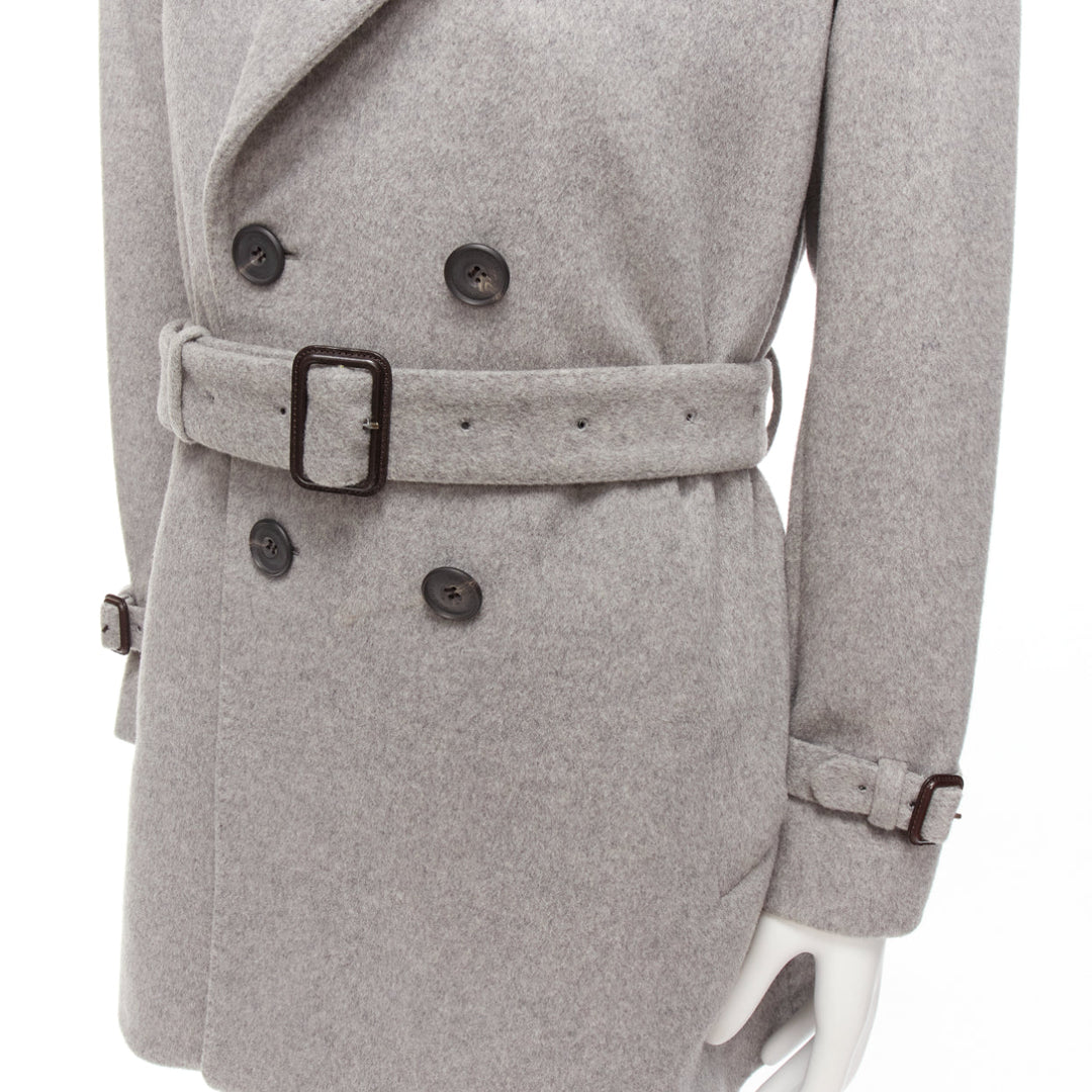 BURBERRY grey virgin wool cashmere logo horn button trench coat IT48 M