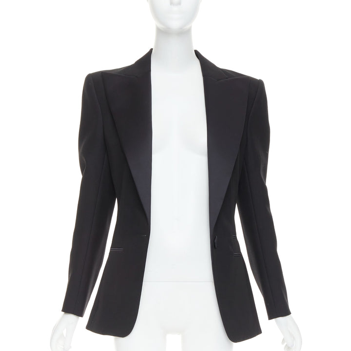 ALEXANDRE VAUTHIER black wool satin peak lapel single breasted tuxedo blazer