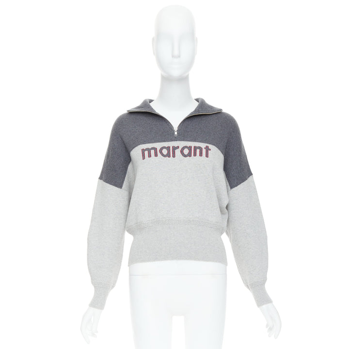 ISABEL MARANT Etoile grey bicolor logo half zip jumper sweater