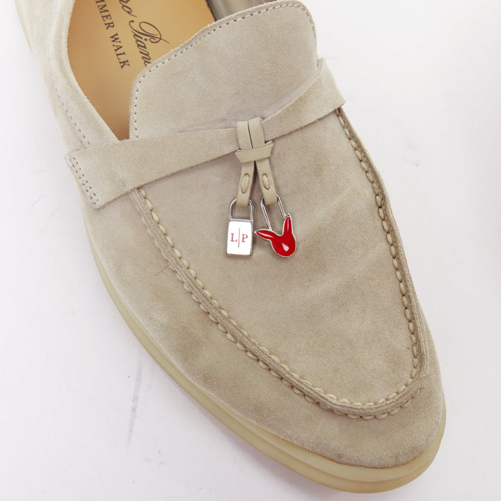 LORO PIANA Summerwalk Chamslofer sand suede Rabbit pendant loafers EU37