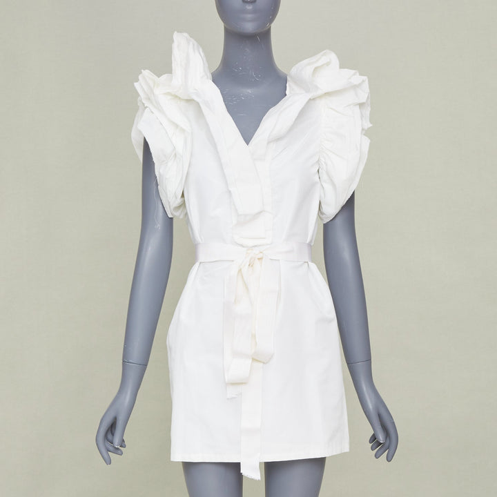 LANVIN 2008 Runway bridal white cotton wrap tiered ruffle sleeve dress FR36 S