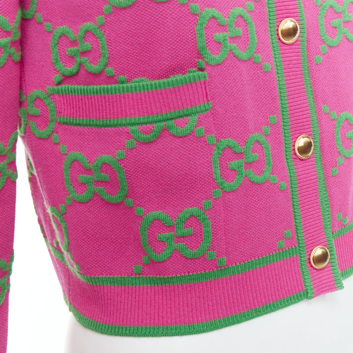 GUCCI 2023 pink green silk blend GG Jacquard crop cardigan XS