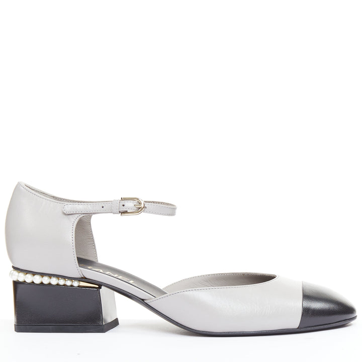 CHANEL 2022 grey leather pearl trimmed CC logo bicolor block heel pumps EU39.5