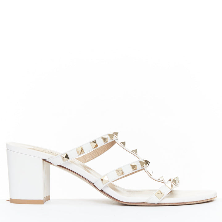 VALENTINO Rockstud 60 white leather gold stud caged block sandals EU39