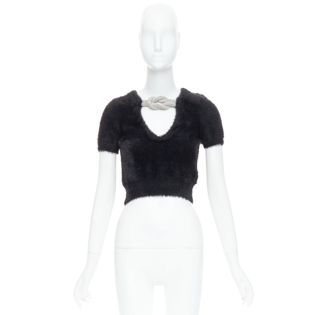 ALEXANDER WANG Crystal Knot black fuzzy V0-neck cropped sweater XS