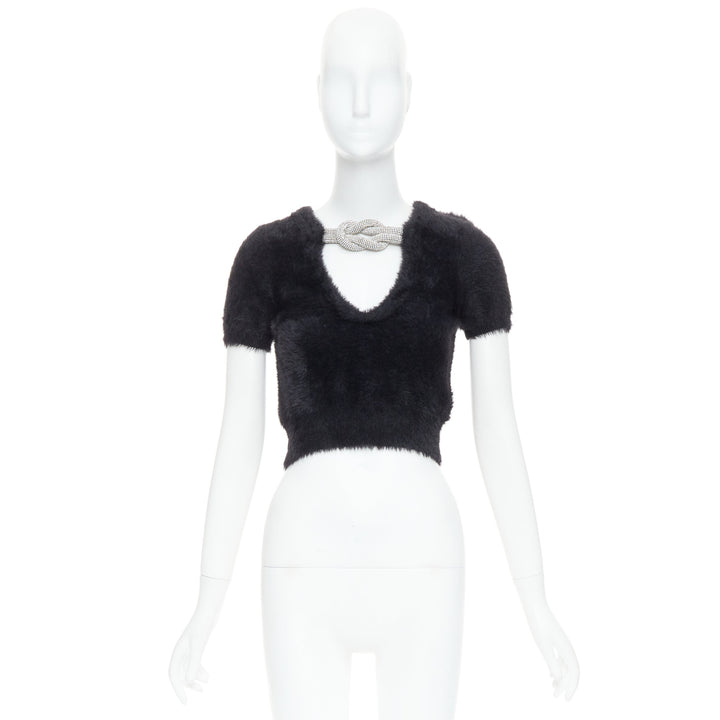 ALEXANDER WANG Crystal Knot black fuzzy V0-neck cropped sweater XS