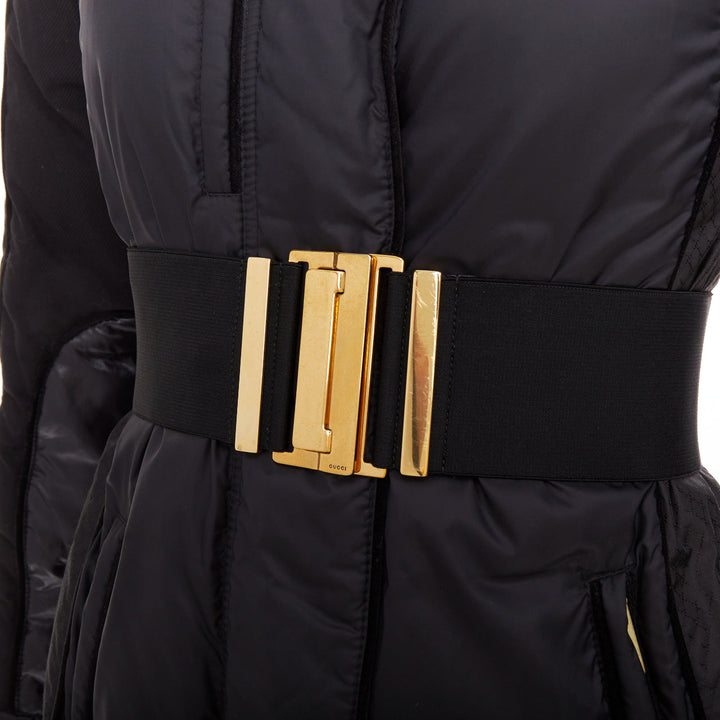 GUCCI 2009 black gold GG logo buckle belt long puffer coat IT38 XS