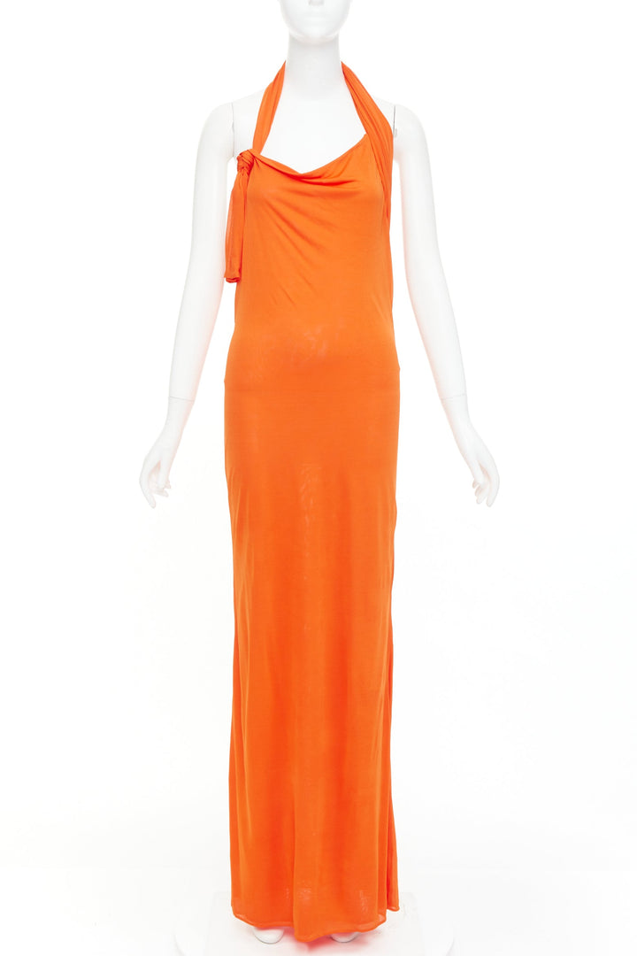 SAINT LAURENT 2023 orange asymmetric knot halter draped backless gown FR38 M