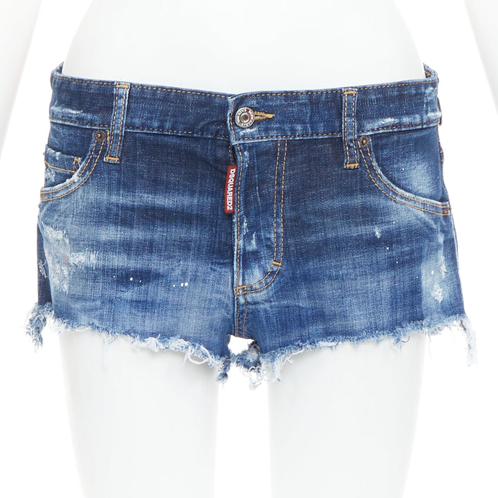 DSQUARED2 dark washed blue distressed painted denim cut off shorts IT38 XS