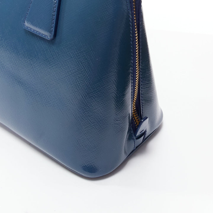 PRADA Promenade Vernice Saffiano blue leather triangle logo top handle tote bag