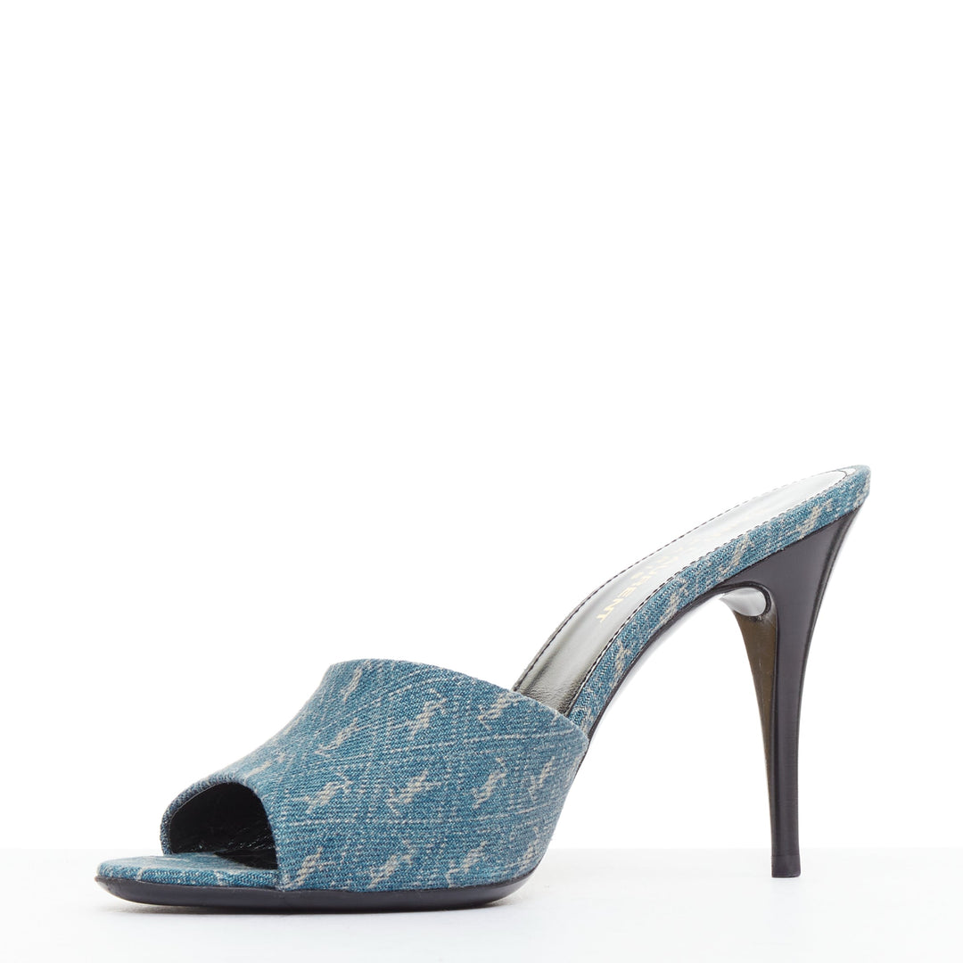 SAINT LAURENT La 16 Mules Cassandre Denim blue YSL monogram sandal heels EU37.5