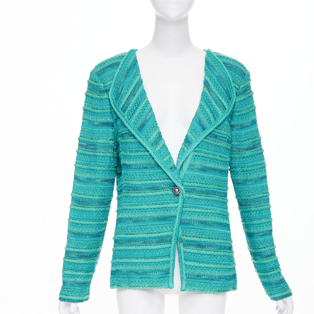 ST JOHN COUTURE turquoise blue multi knit strass button cardigan US14 3XL
