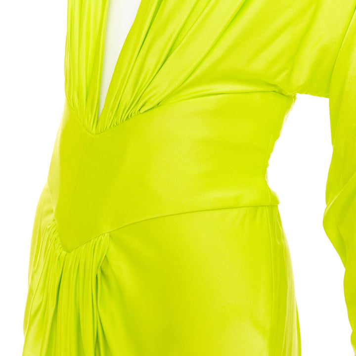 ALEXANDRE VAUTHIER neon yellow viscose Power shoulder plunge drape dress