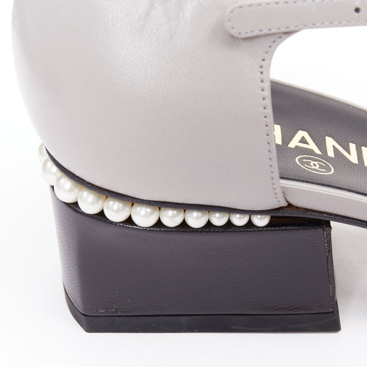 CHANEL 2022 grey leather pearl trimmed CC logo bicolor block heel pumps EU39.5