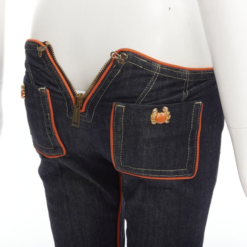 rare DSQUARED 2005 indigo denim orange crab charm low rise flared jeans IT40 S