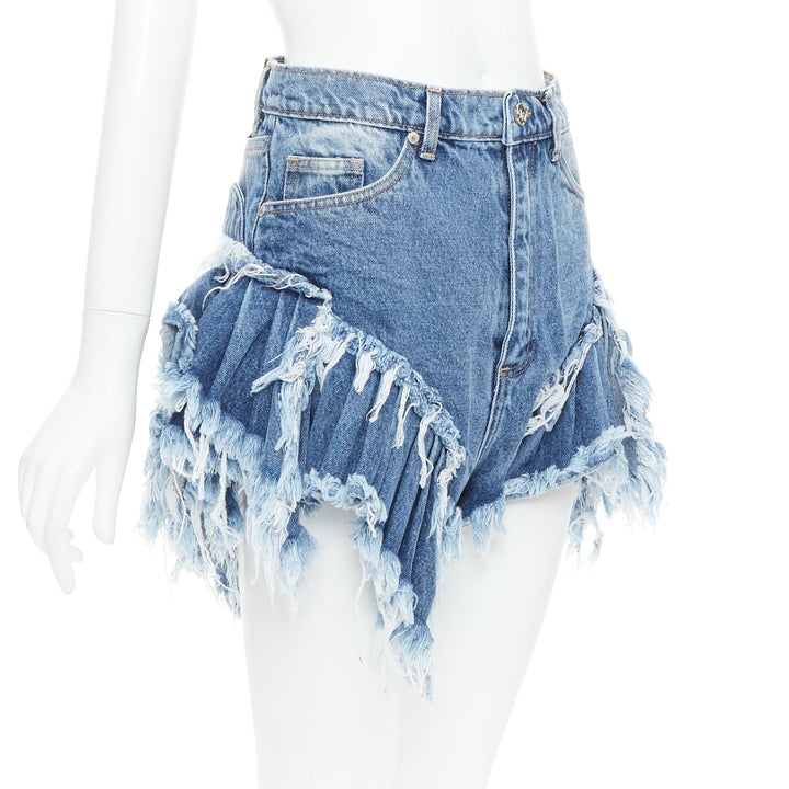 NATASHA ZINKO blue washed frayed layered hem mini high waist shorts XS