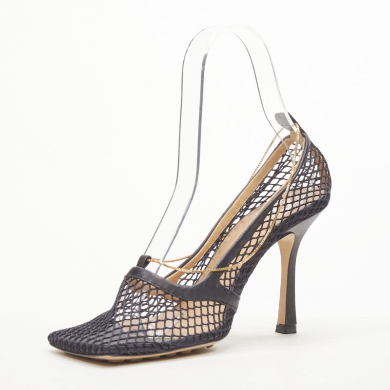 BOTTEGA VENETA DANIEL LEE black net mesh square toe gold chain heel  EU38.5