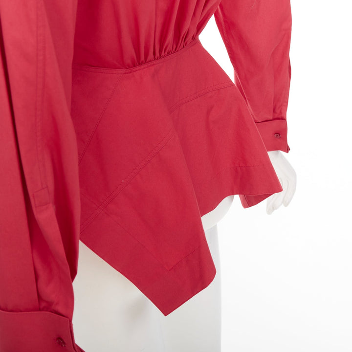 ALAIA red cotton curved tulip petal peplum  puff sleeves shirt FR36 S