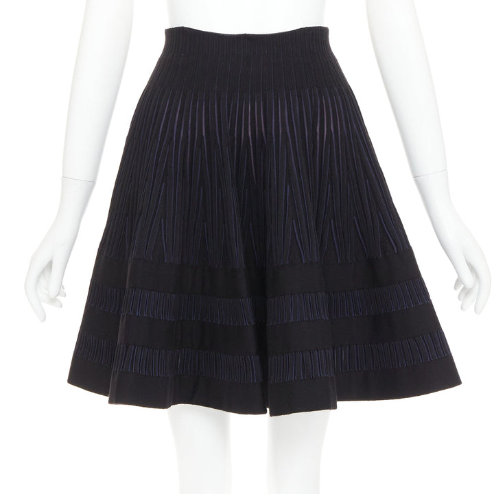 ALAIA navy black virgin wool silk blend high waist flared knitted skirt IT36 XXS