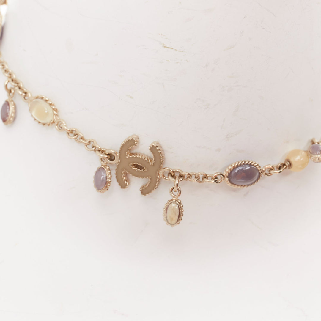CHANEL B12C beige grey CC logo resin crystal gold chain sautoir long necklace