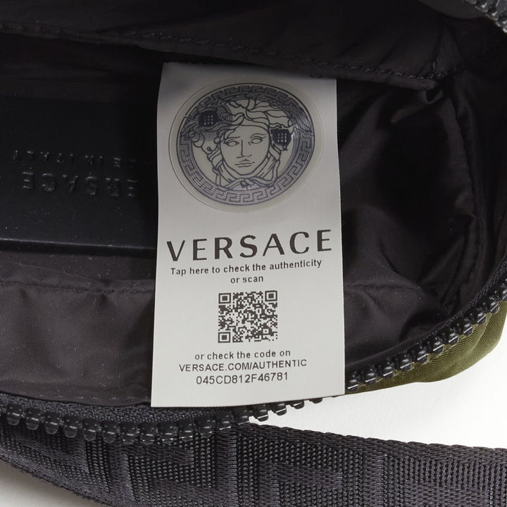 VERSACE reflective logo green nylon Greca strap crossbody messenger bag