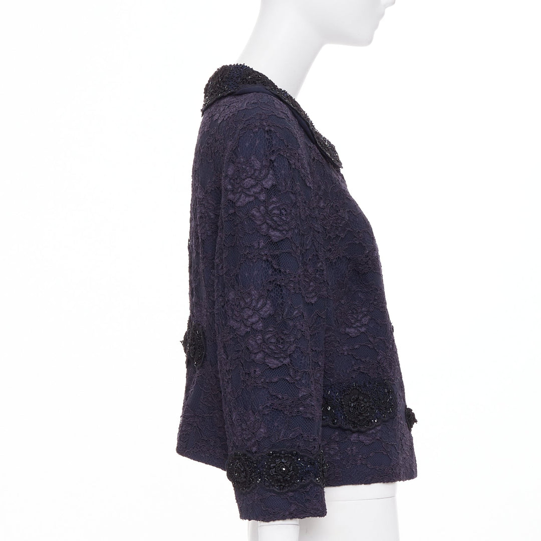 ESCADA Vintage navy lace floral bead embellished collar cropped jacket FR44 2XL