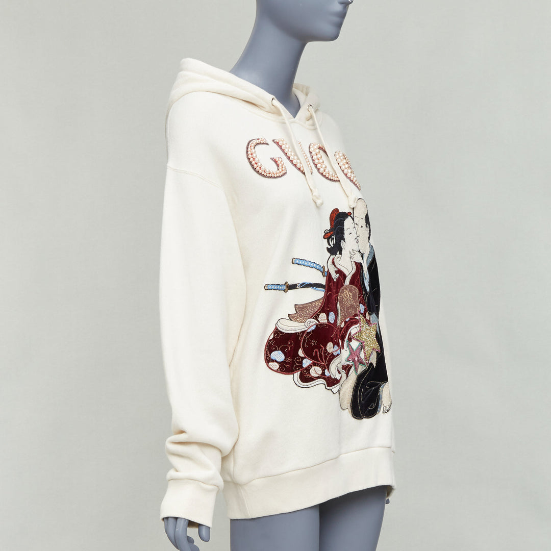 GUCCI Shunga Geisha Lover cream embroidery pearl embellished hoodie M