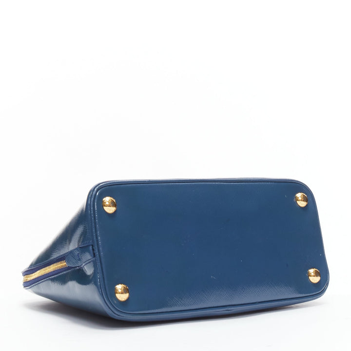 PRADA Promenade Vernice Saffiano blue leather triangle logo top handle tote bag